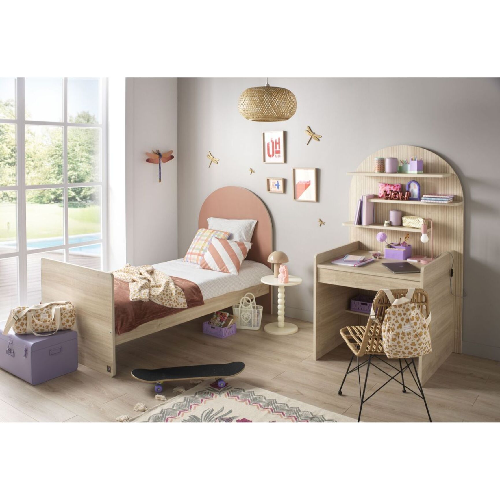 Lit junior 90x190 - décor bois chêne sépia - tête de lit forme arche