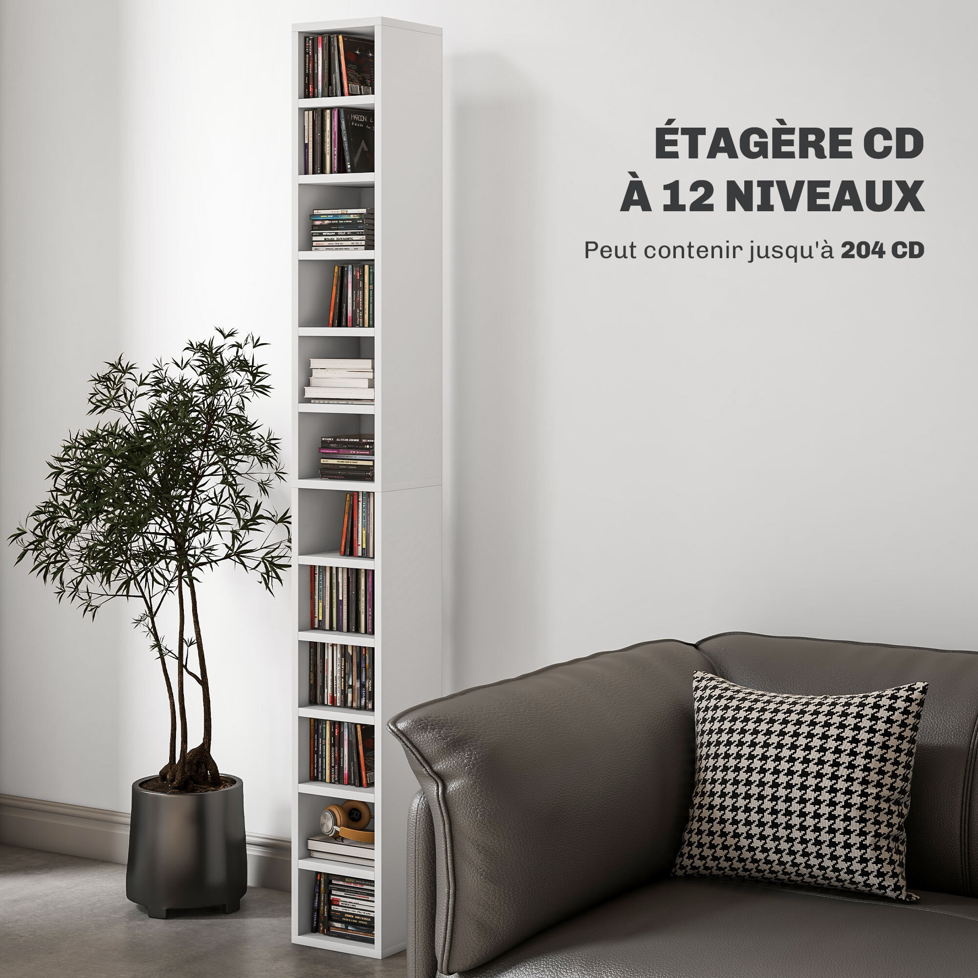 Étagère colonne armoire de rangement CD 12 compartiments 21L x 20l x 175H cm capacité max. 204 CD coloris blanc
