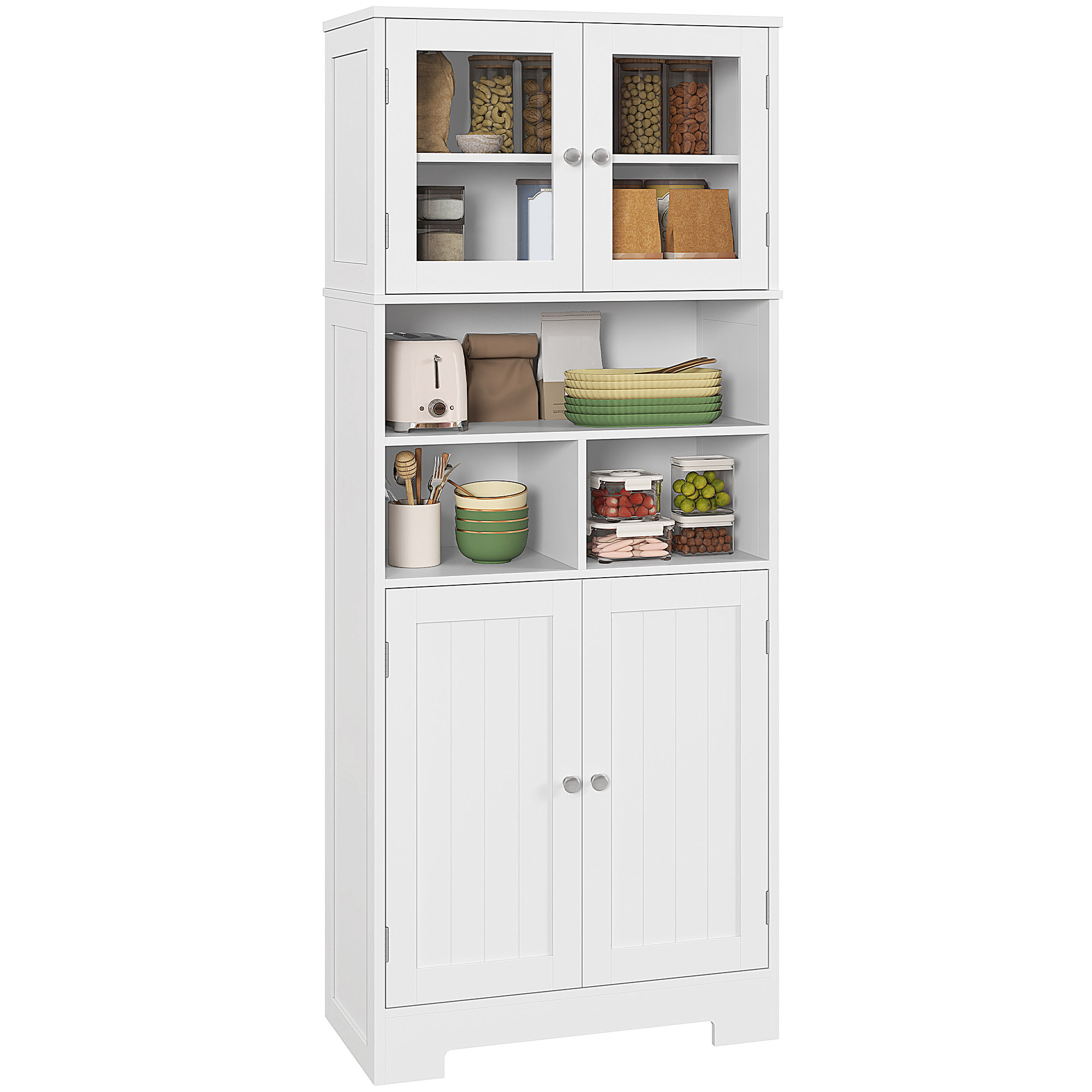 Alacena de Cocina Mueble Auxiliar de Cocina Aparador Alto con 2 Puertas de Vidrio Estantes Ajustables y Compartimentos Abiertos 60x30x145,5 cm Blanco