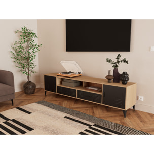 Tribeca - meuble tv - effet bois et métal noir - 2 portes et 2 tiroirs - 200 cm - Bois / Noir