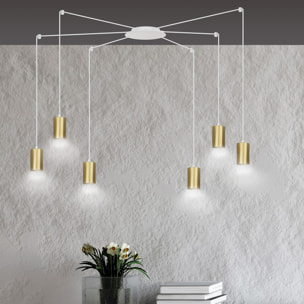 Lampada a sospensione TRAKER con diffusori oro e struttura bianca