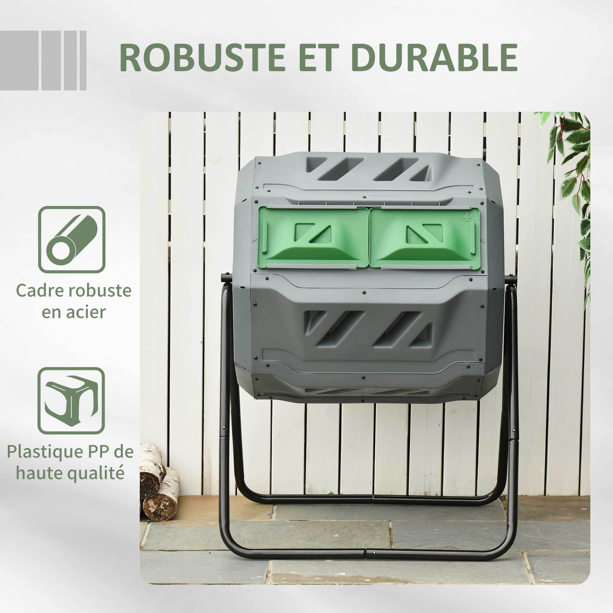 Composteur de jardin - bac à compost pour déchets - rotatif 360° - double chambre 160 L - acier noir PP vert gris