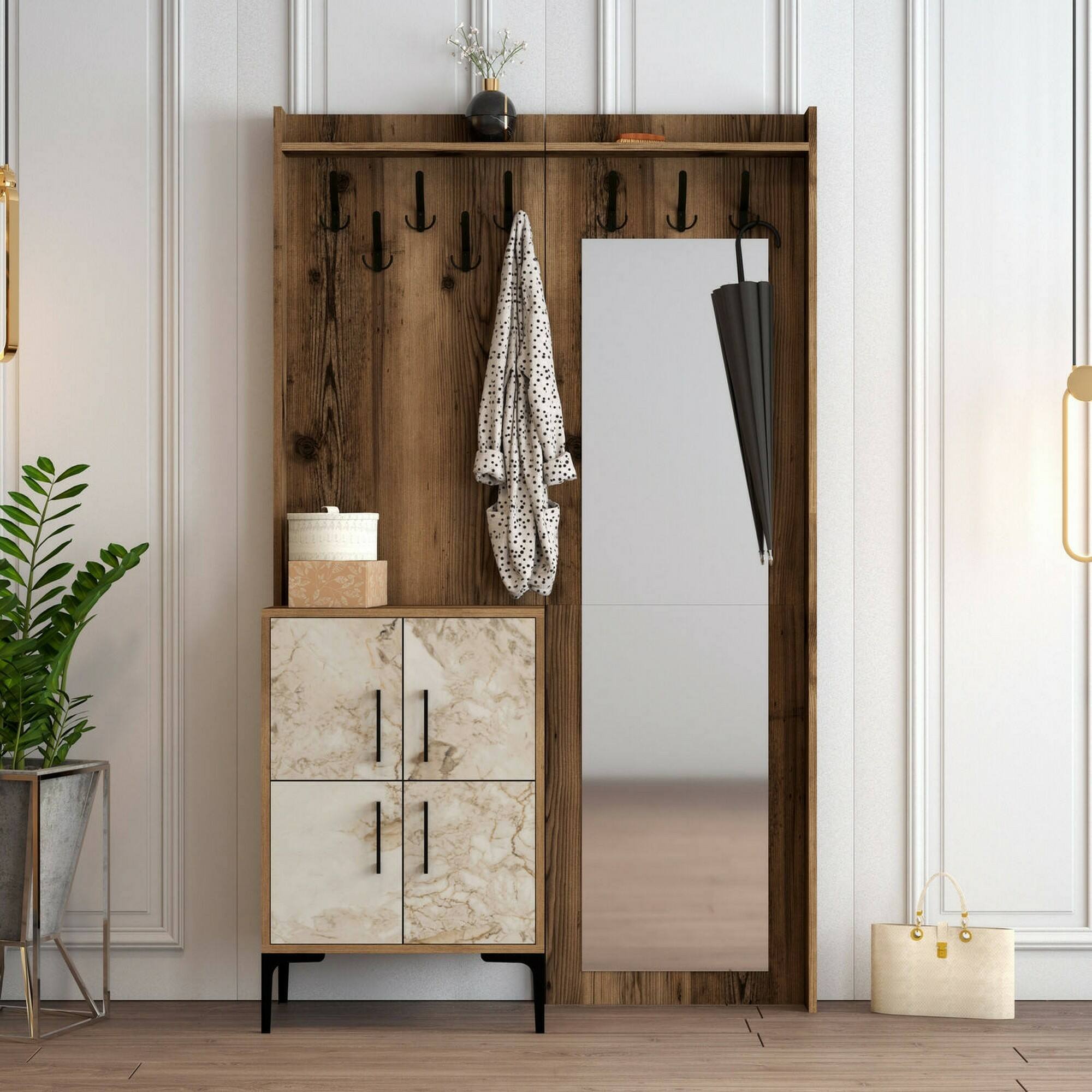 Mobile da ingresso Isidore, Entratina appendiabiti, Composizione per atrio, Consolle portaoggetti multifunzione, 120x35h200 cm, Noce e Bianco