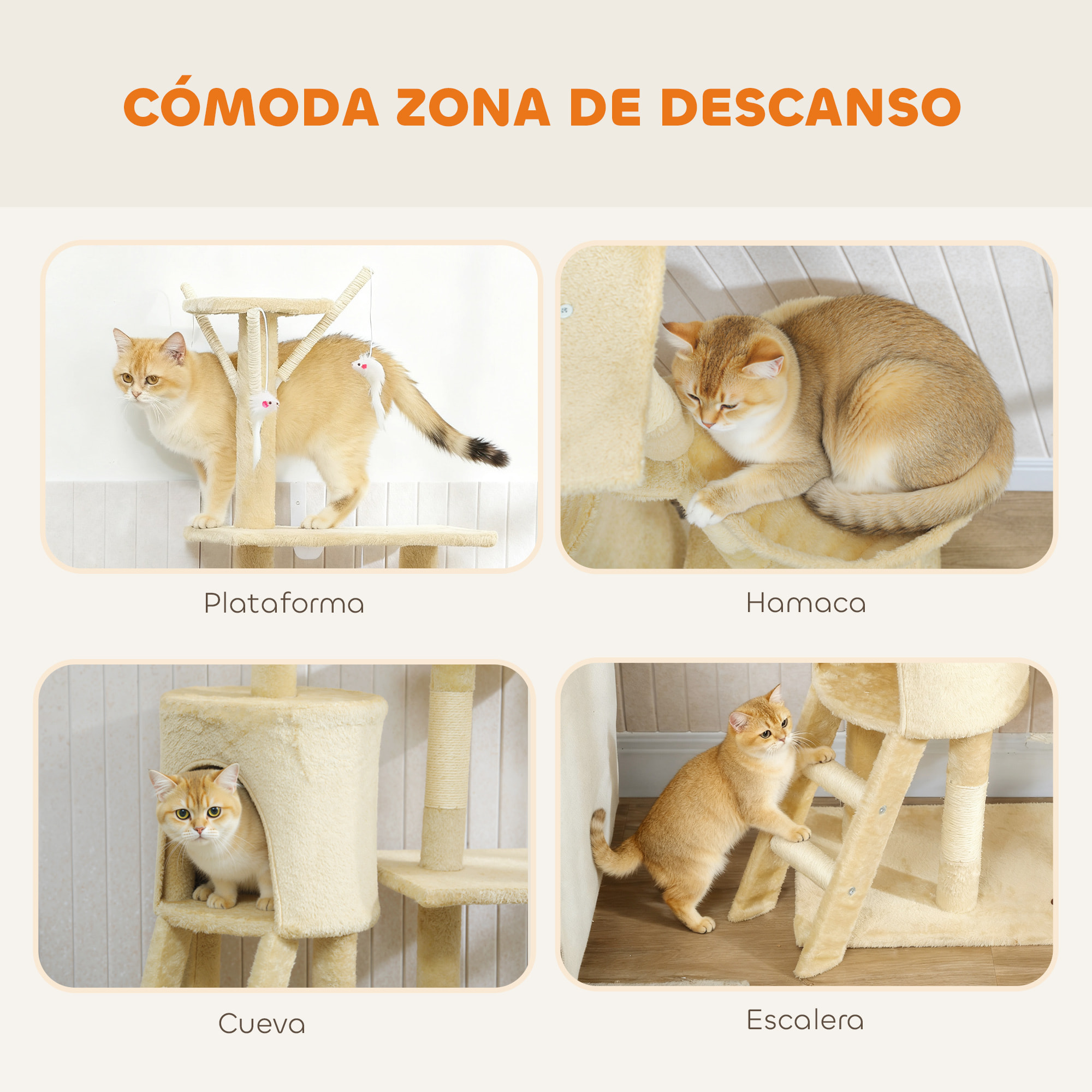 Árbol Rascador para Gatos Grande, Árbol para Gatos, Altura 134 cm, Torre de Escalada con 6 Postes de Sisal, 3 Plataformas, 1 Cueva, 1 Hamaca, 1 Escalera, 4 Juguetes Colgantes, Beige