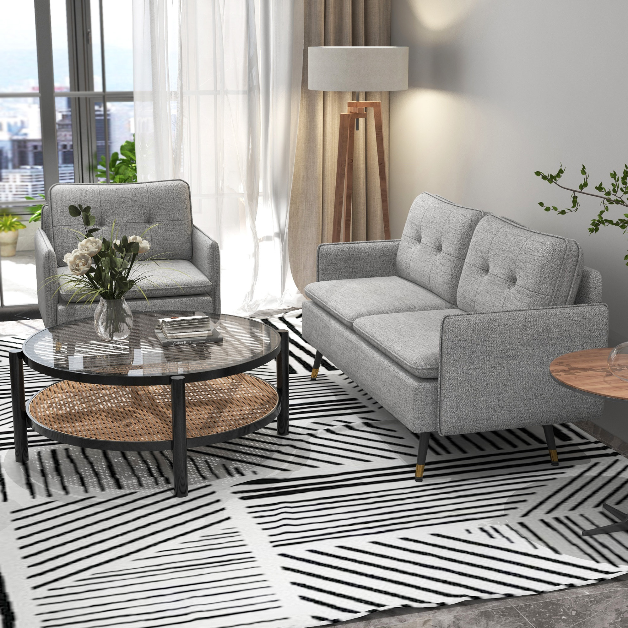 Conjunto de Sofá Incluye 1 Sofá de 2 Plazas y 1 Butaca de Salón con Reposabrazos Asiento Acolchado y Patas de Acero para Dormitorio Oficina Gris