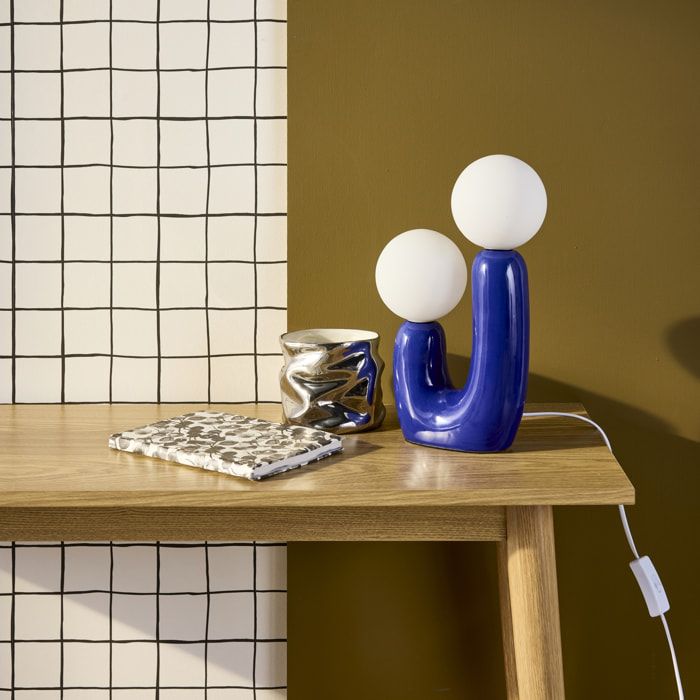 Lampe de table organique céramique bleu et verre blanc H 31cm - Deva