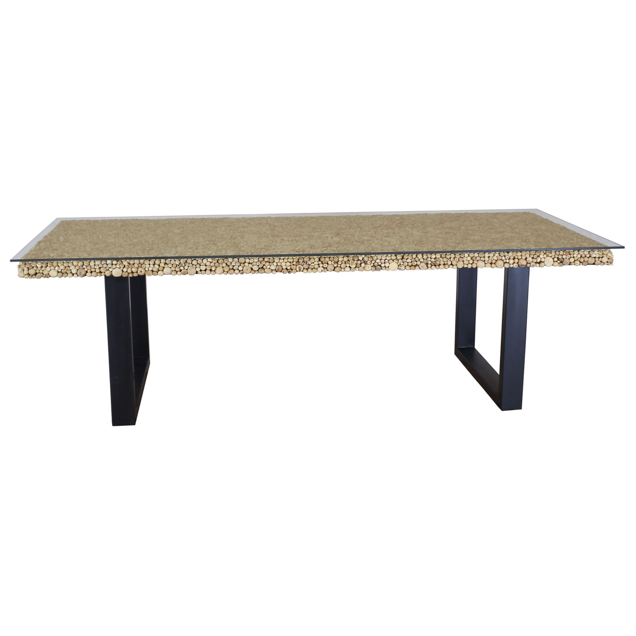 Table en bois flotté avec plateau verre et pieds en métal noir 250cm  FLOTS PERDUS