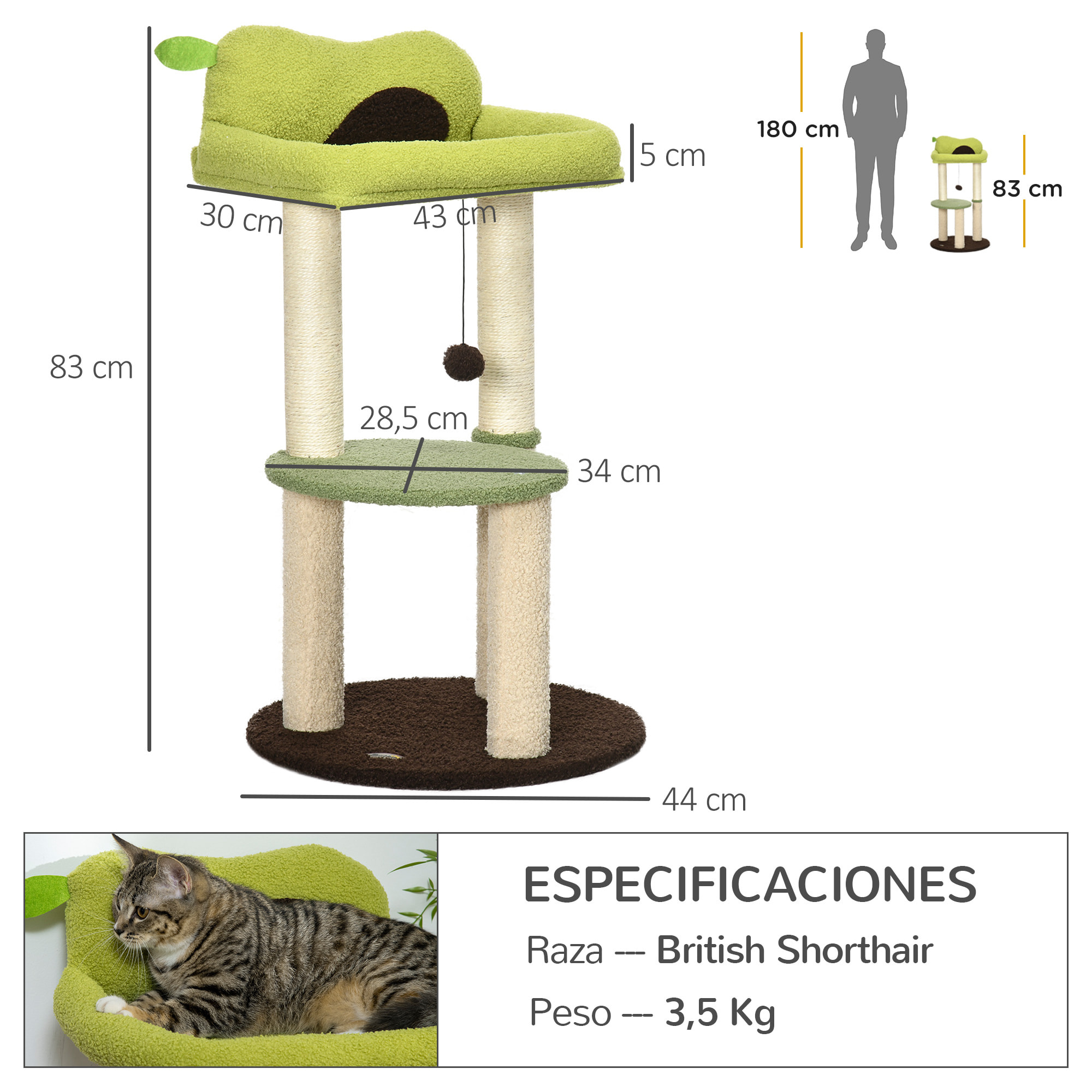 Árbol Rascador para Gatos Altura 83 cm con Cama Forma de Aguacate Bola Colgante