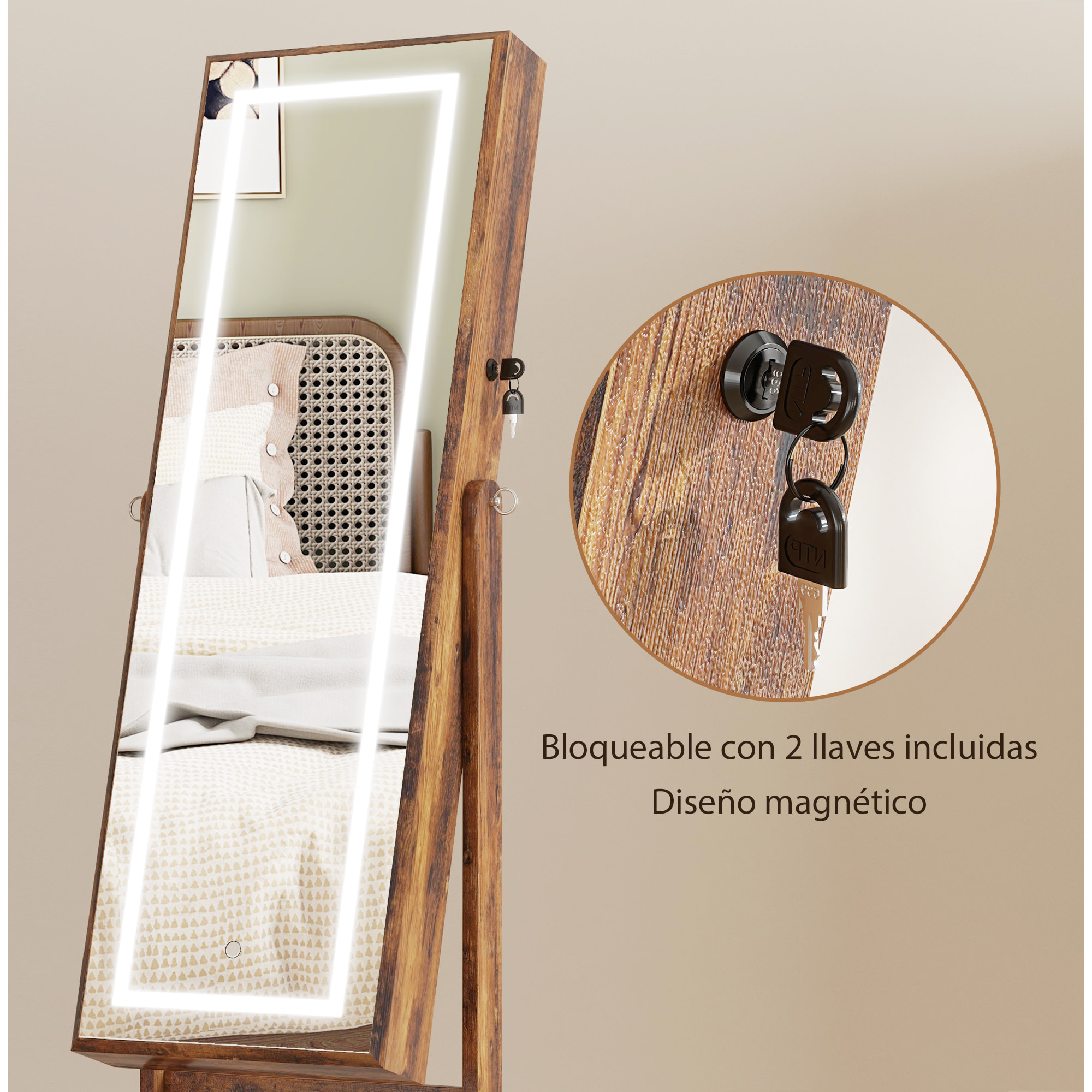 Espejo Joyero con Luces LED, Armario para Joyas, Armario Joyero de Pie con Espejo Entero, Inclinado en 3 Ángulos, Cierre Magnético, Cerradura con 2 Llaves, Marrón Rústico