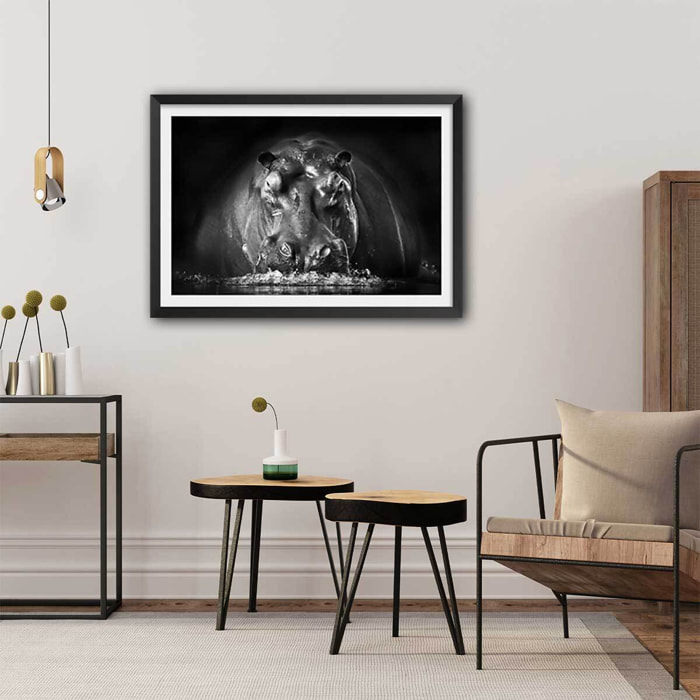 Affiche animaux portrait hippo Affiche sous cadre noir