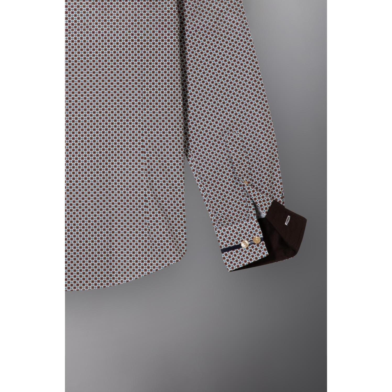 Camicia Uomo 1 Bottoni Button Down Slim Popeline Stampato bianco e marrone chiaro
