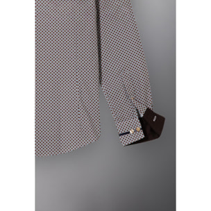 Camicia Uomo 1 Bottoni Button Down Slim Popeline Stampato bianco e marrone chiaro