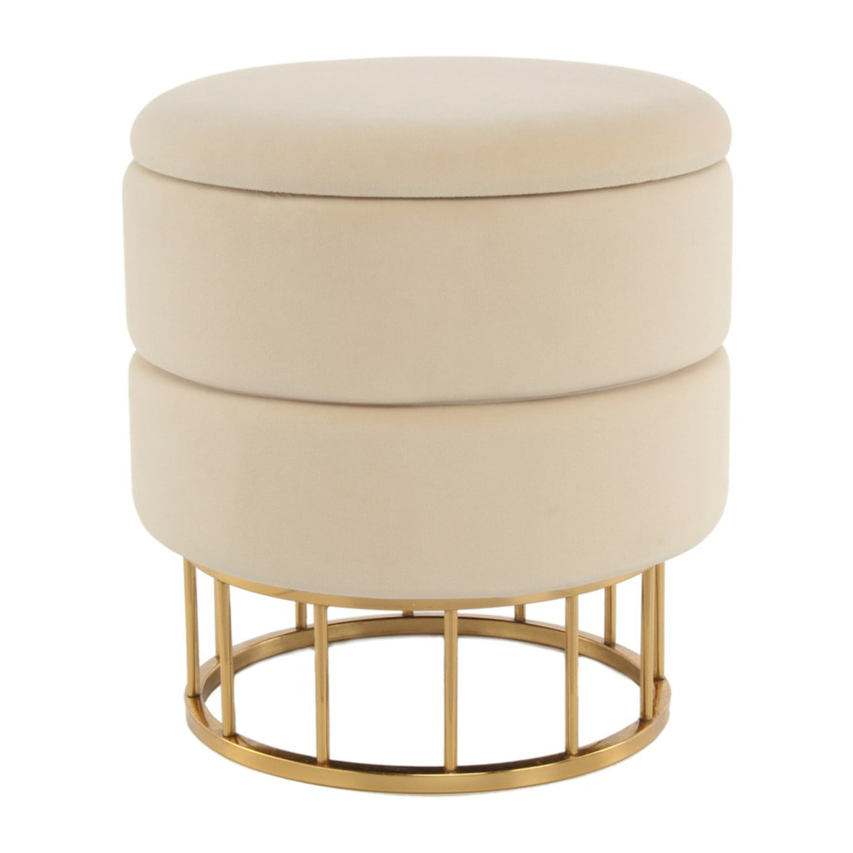 Pouf contenitore Zero in velluto avorio e base oro