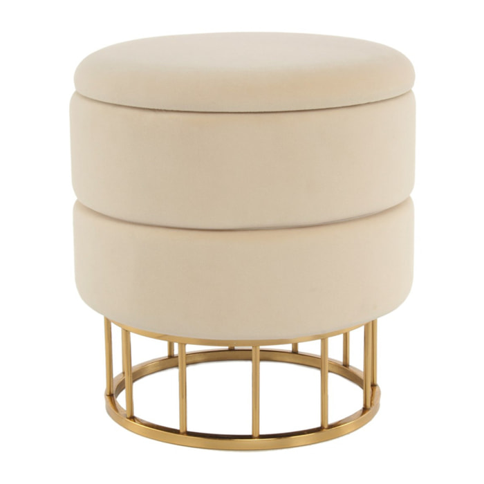 Pouf contenitore Zero in velluto avorio e base oro