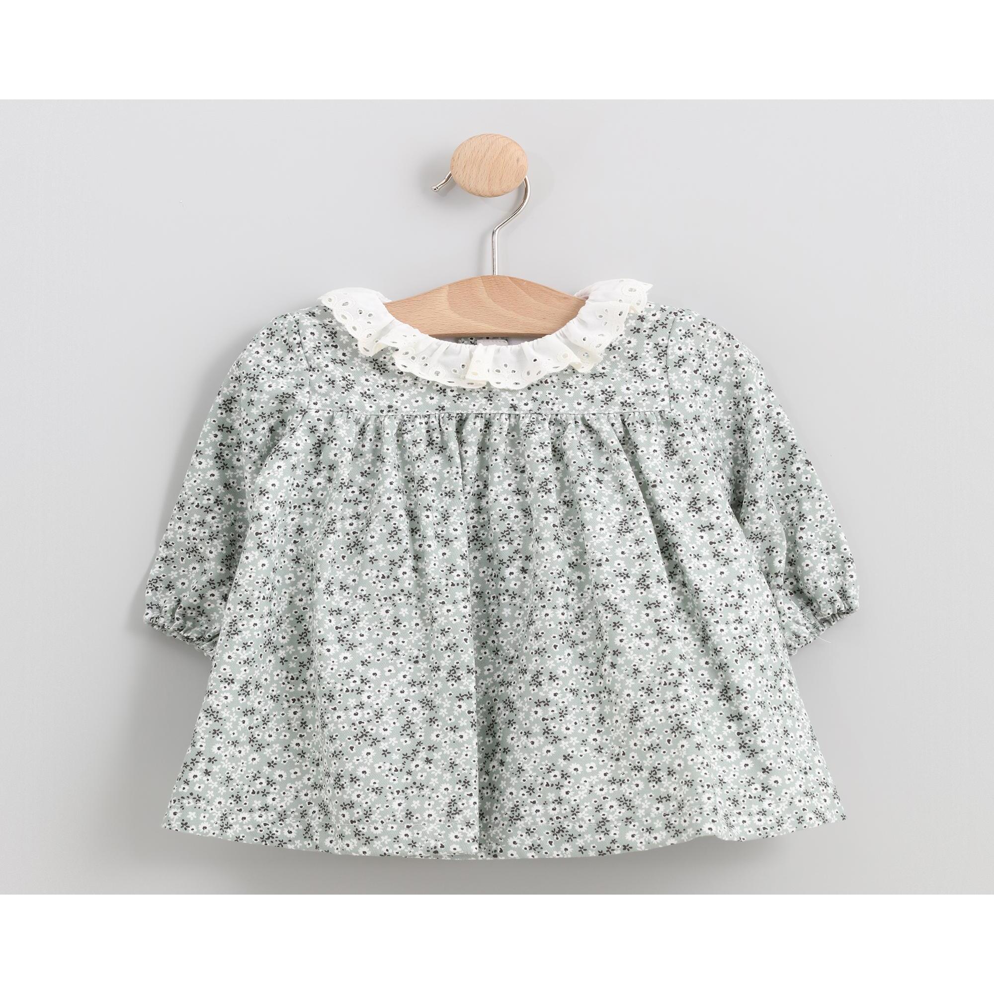 Vestido cuello volante bordado flor verde agua