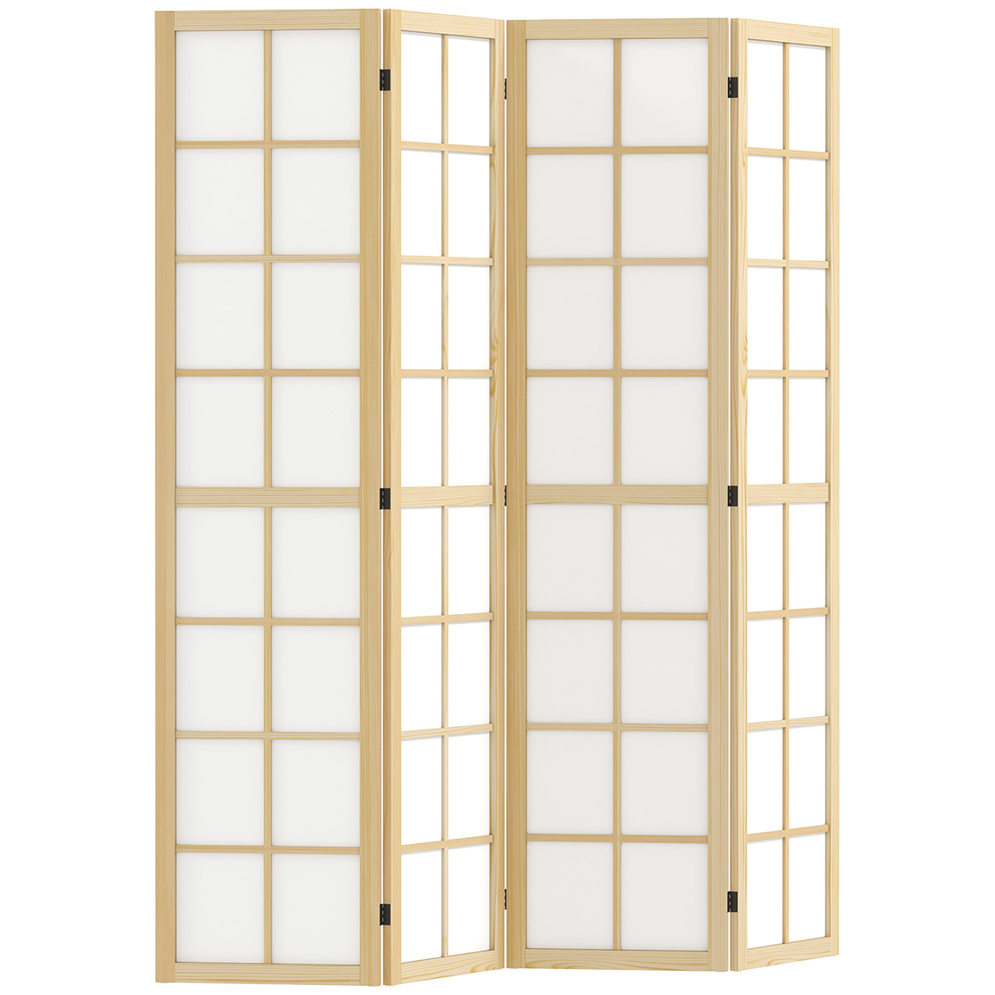 Biombo de 4 Paneles Plegable, Separador de Ambientes con Marco de Madera, 160x170 cm, Pantalla de Privacidad para Dormitorio, Oficina, Salón, Natural