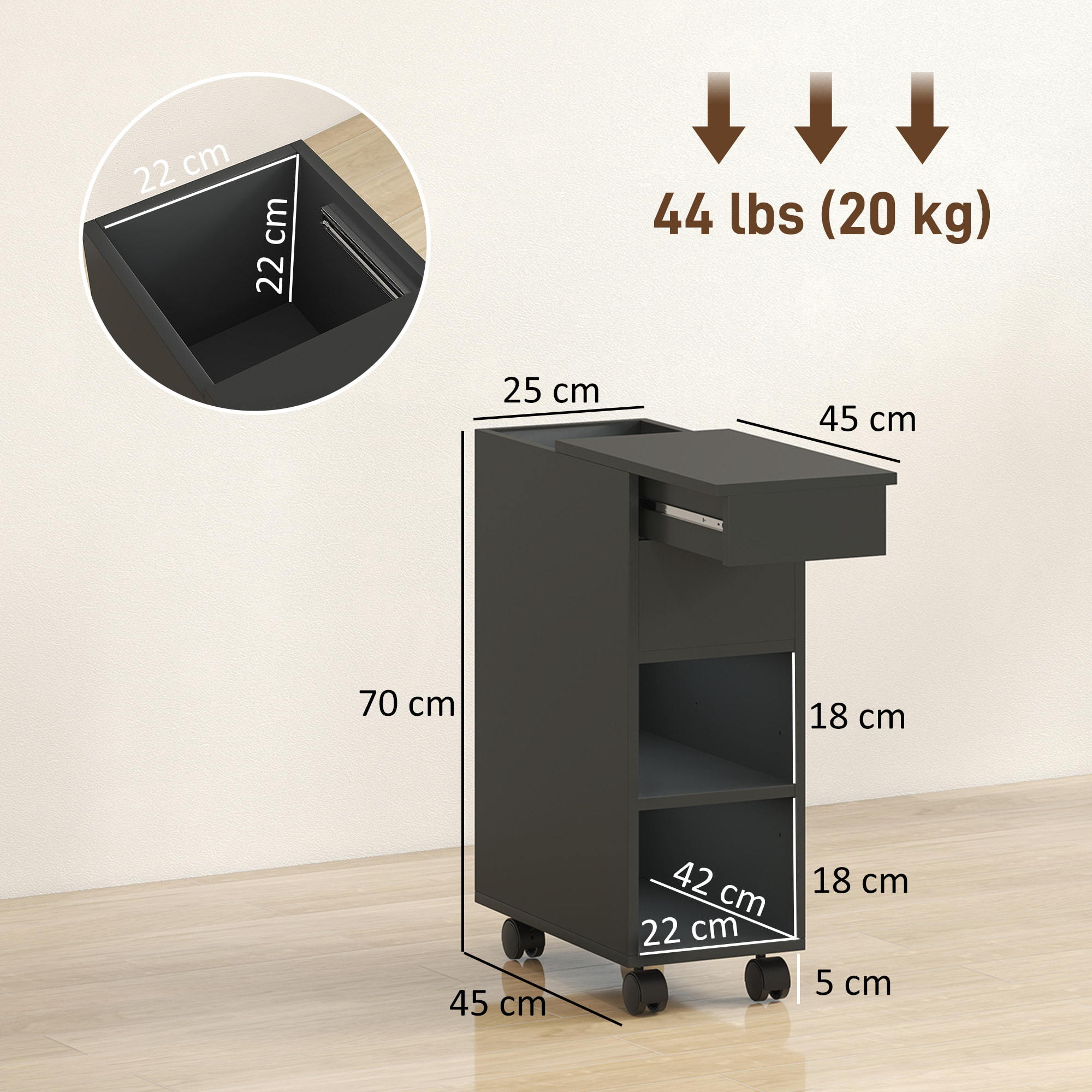 Mesa Auxiliar con Encimera Deslizante y Ruedas, Mesita Auxiliar con Almacenamiento Oculto y Estante Ajustable, para Salón, Dormitorio, Negro