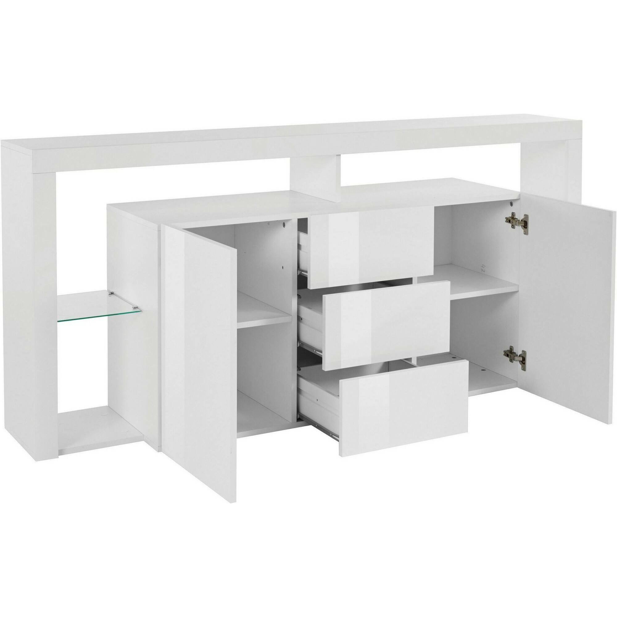 Credenza Ddapozz, Buffet da soggiorno a 2 ante e 3 cassetti, Madia da salotto, Credenza moderna, 100% Made in Italy, 180x40h80 cm, Bianco lucido