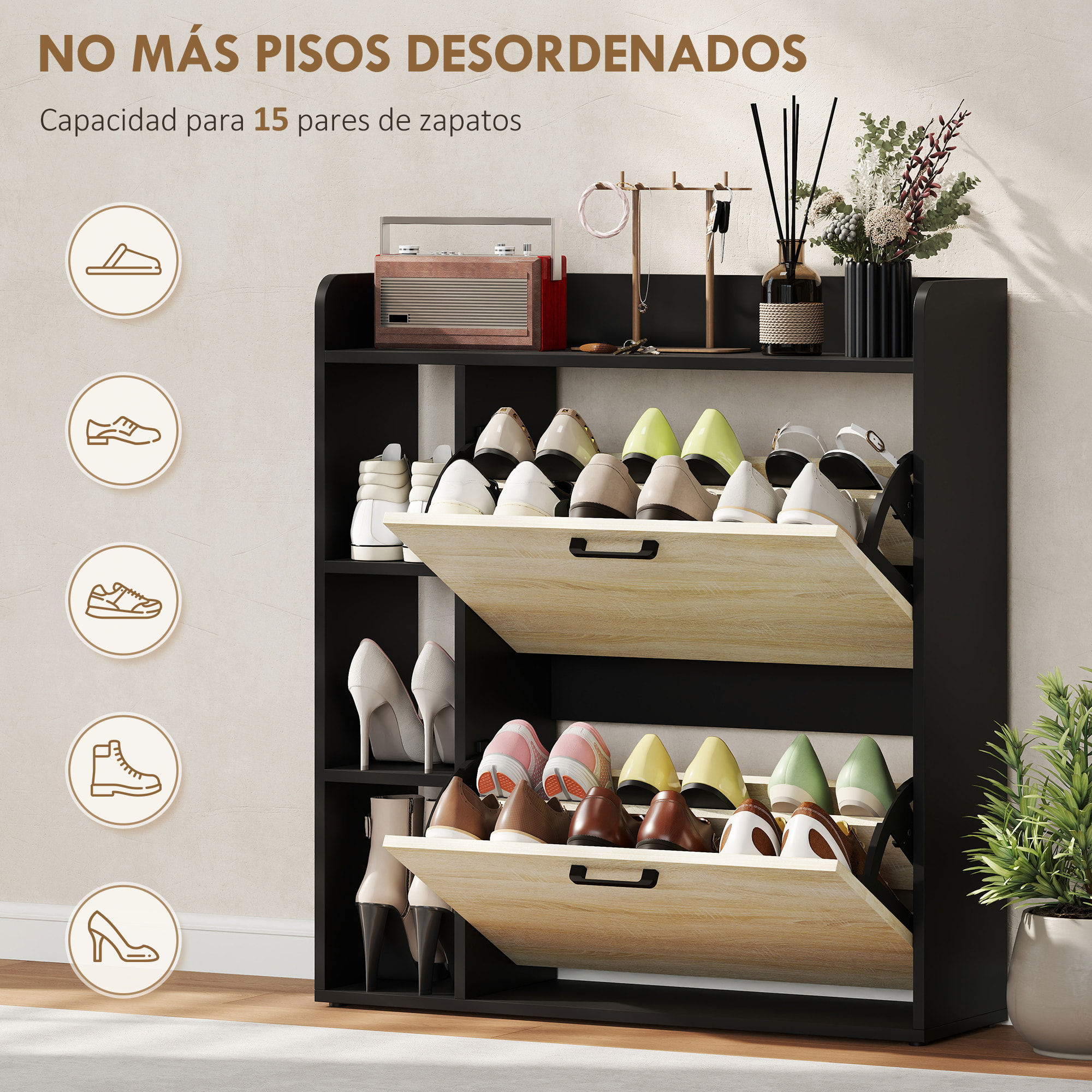 Zapatero Estrecho 2 Puertas, Zapatero Entrada Recibidor con 3 Estantes Laterales y Estantes Ajustables, para 15 Pares de Zapatos, para Pasillo, Espacio Reducido, 83x24x90,5 cm, Natural y Negro
