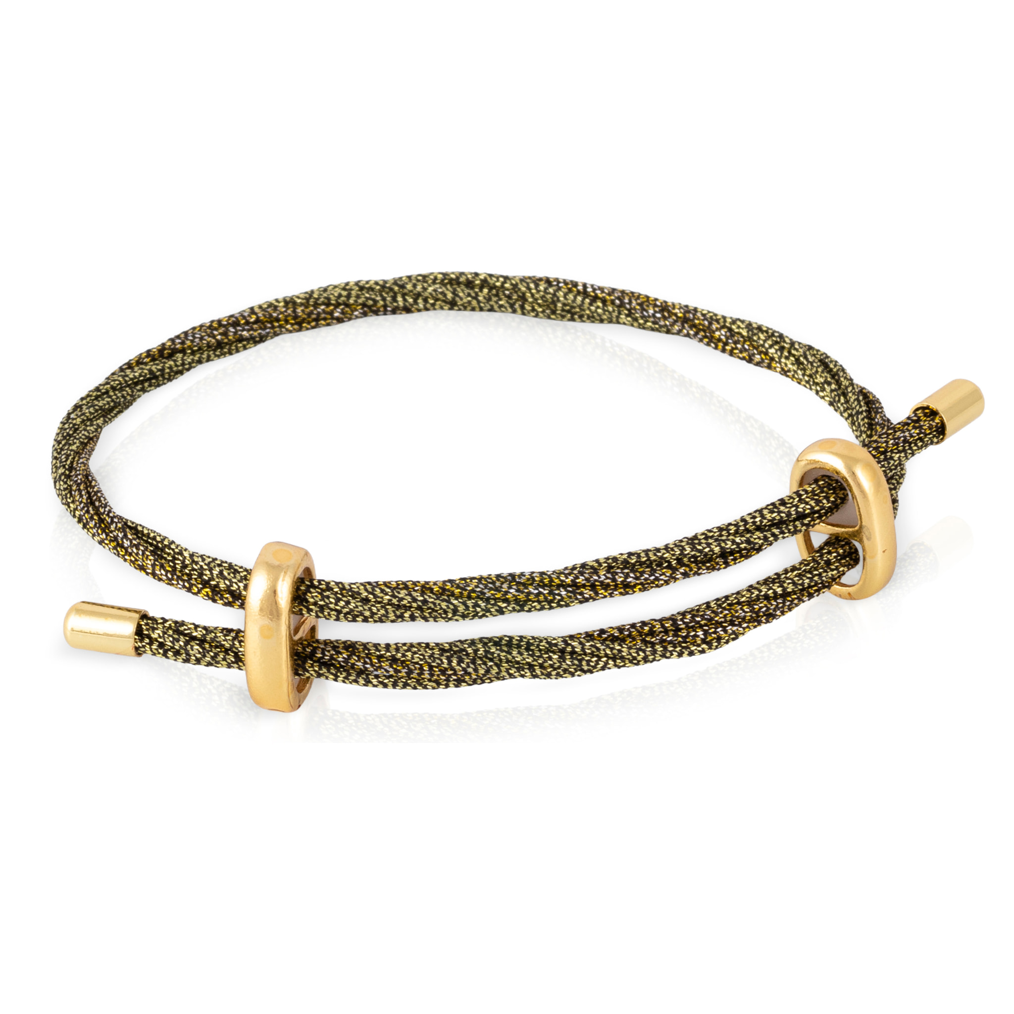 Pack de 3 pulseras multihebra entrelazada de hilo de nylon naranja, verde y lila con cierre cruzado de cobre dorado.