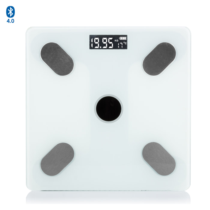 Báscula solar inteligente Bluetooth con termómetro. App de control y registro para iOS y Android.