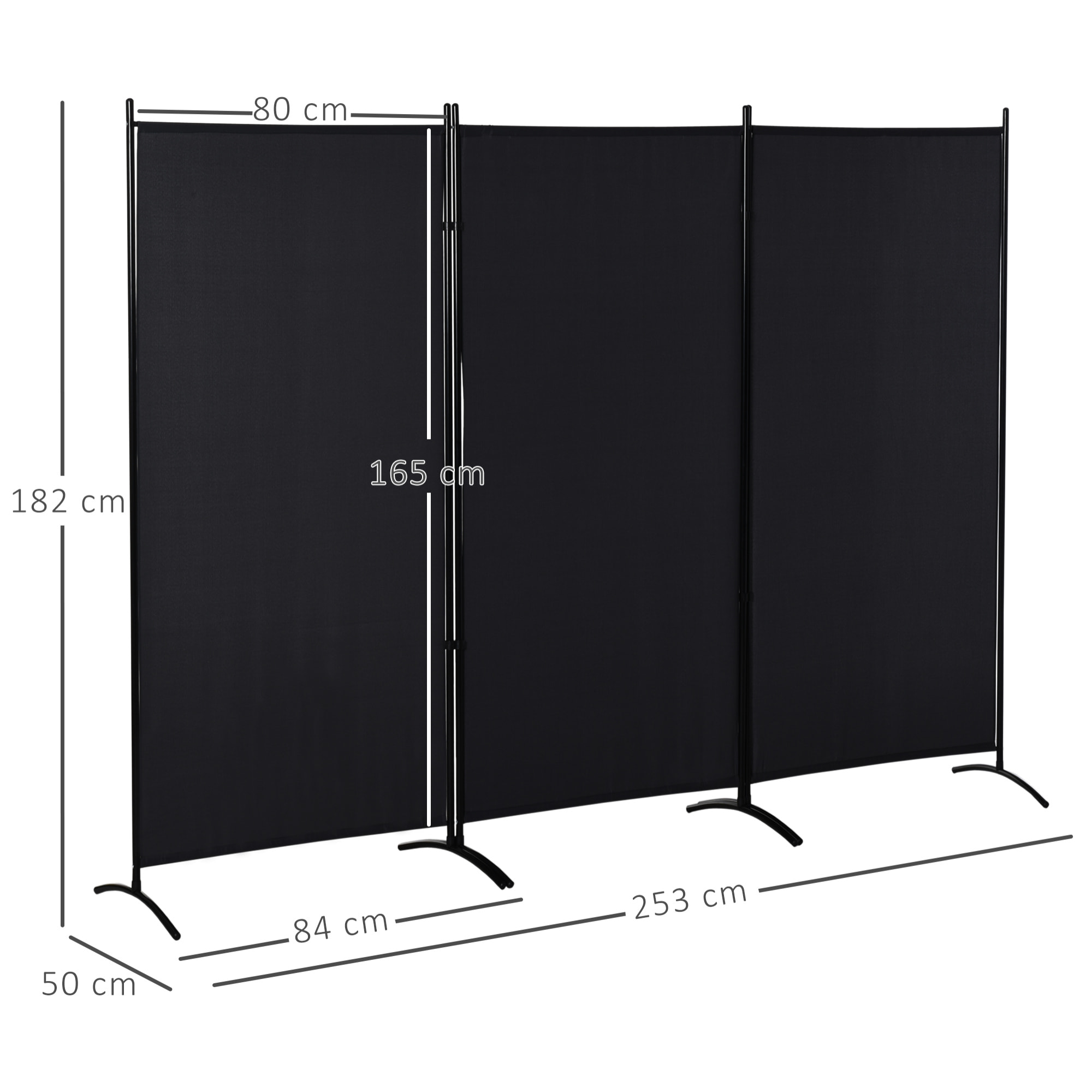 Biombo de 3 Paneles, Biombo Separador de Ambientes Plegable con 6 Pies de Metal, Divisor de Habitaciones, Salón, Dormitorio, 253x182 cm, Negro