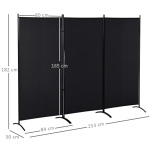 Biombo de 3 Paneles, Biombo Separador de Ambientes Plegable con 6 Pies de Metal, Divisor de Habitaciones, Salón, Dormitorio, 253x182 cm, Negro