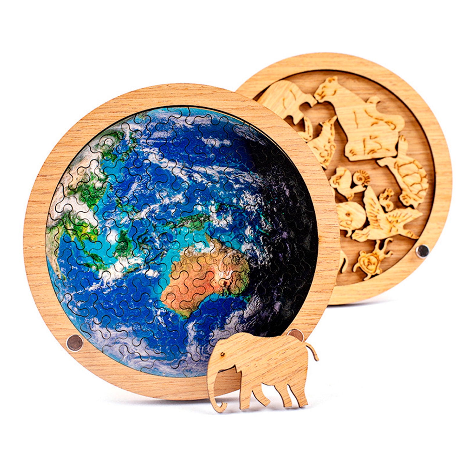 Puzzle doppio e telaio in legno con 34 + 20 pezzi. Design Terra e animali.