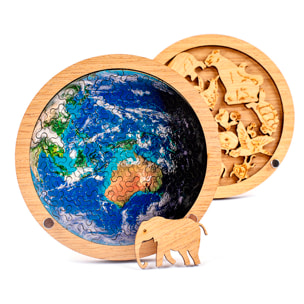 Puzzle doppio e telaio in legno con 34 + 20 pezzi. Design Terra e animali.