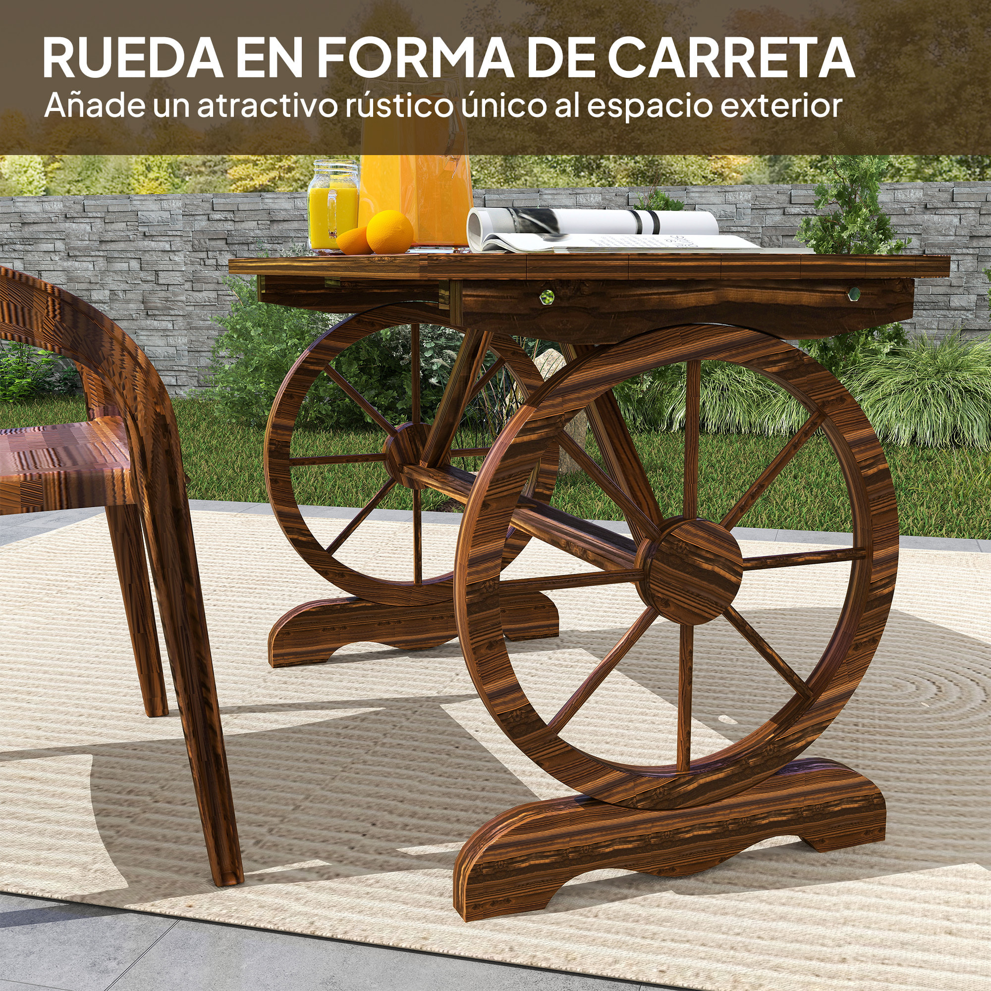 Mesa de Jardín de Madera Mesa de Terraza Exterior 120x63x70 cm con Patas en Forma de Rueda Orificio para Sombrilla y Diseño de Listones Carga 50 kg para Patio Madera Carbonizada