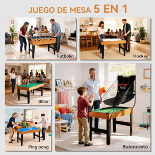 Mesa Multijuegos 5 en 1, Mesa de Juego con Futbolines para Niños, Billar, Ping-pong, Hockey y Baloncesto, Diversión Familiar para Adultos y Niños, 134x108x144 cm, Natural y Negro