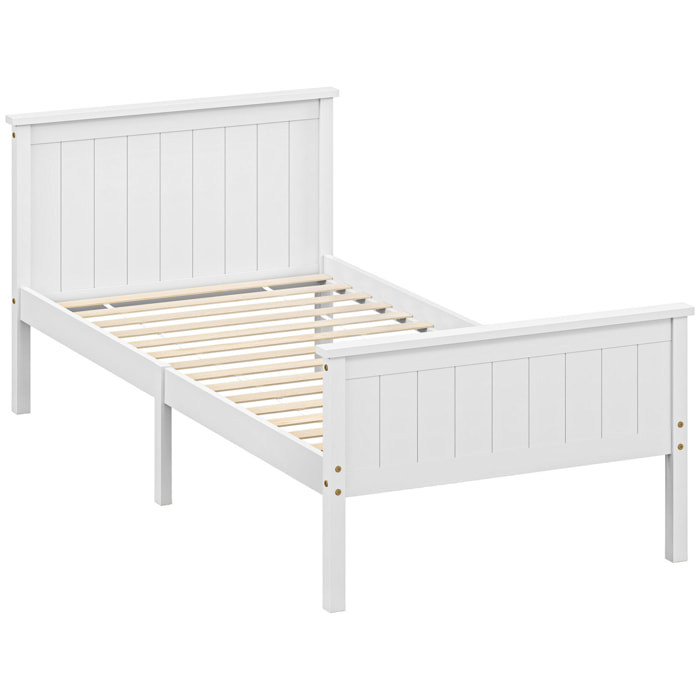 Lit simple bois de pin blanc rainuré - tête de lit, pied de lit et sommier - 210L x 98l x 82H cm - compatible matelas 200L x 140l cm