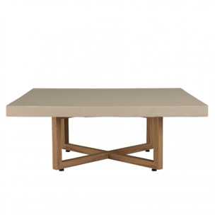 ERIS - Table basse carrée 107x107cm en béton beige pieds croisés en teck