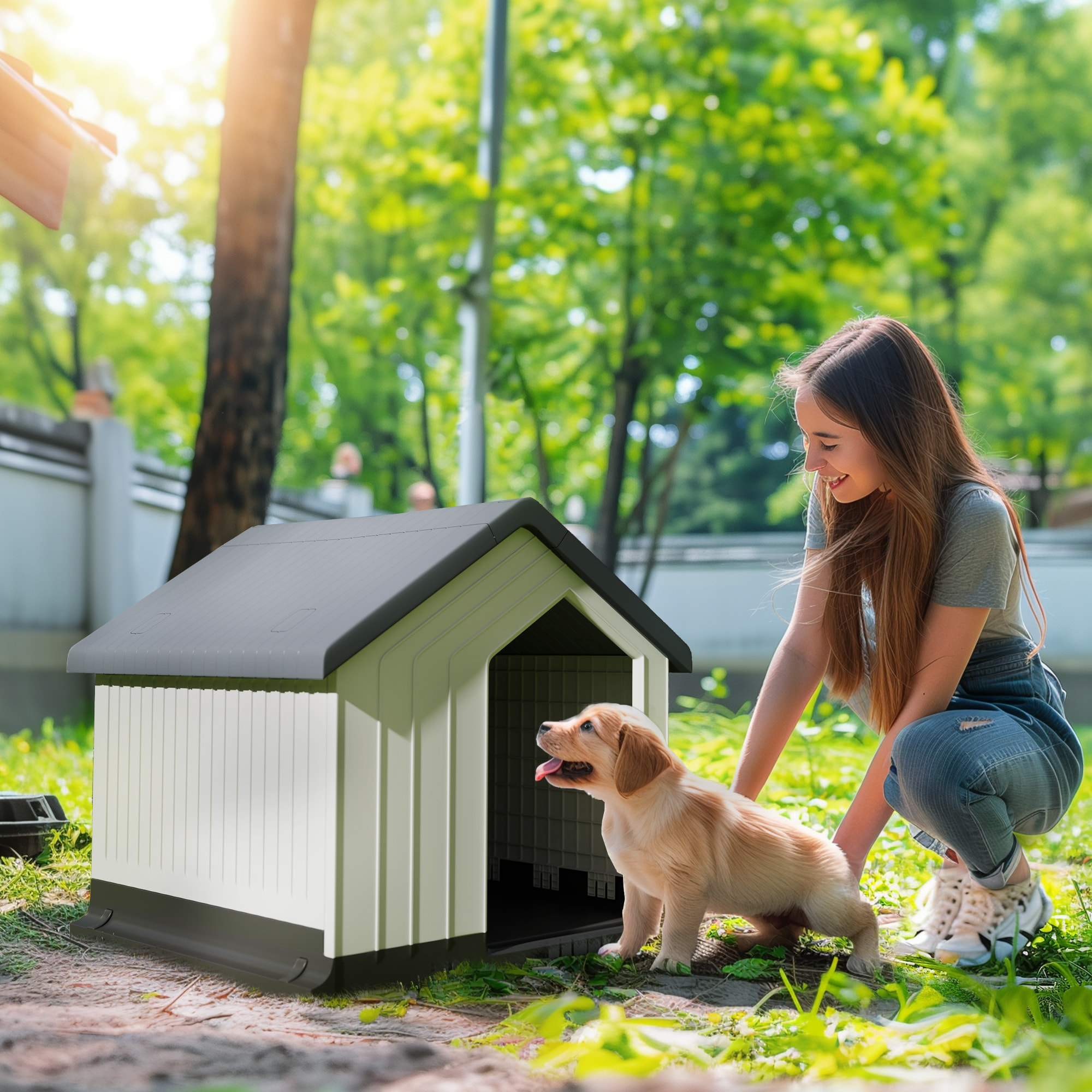 Niche chien extérieure - maison chien - niche plastique - grille d'aération - dim. 62L x 61l x 60H cm - blanc gris noir