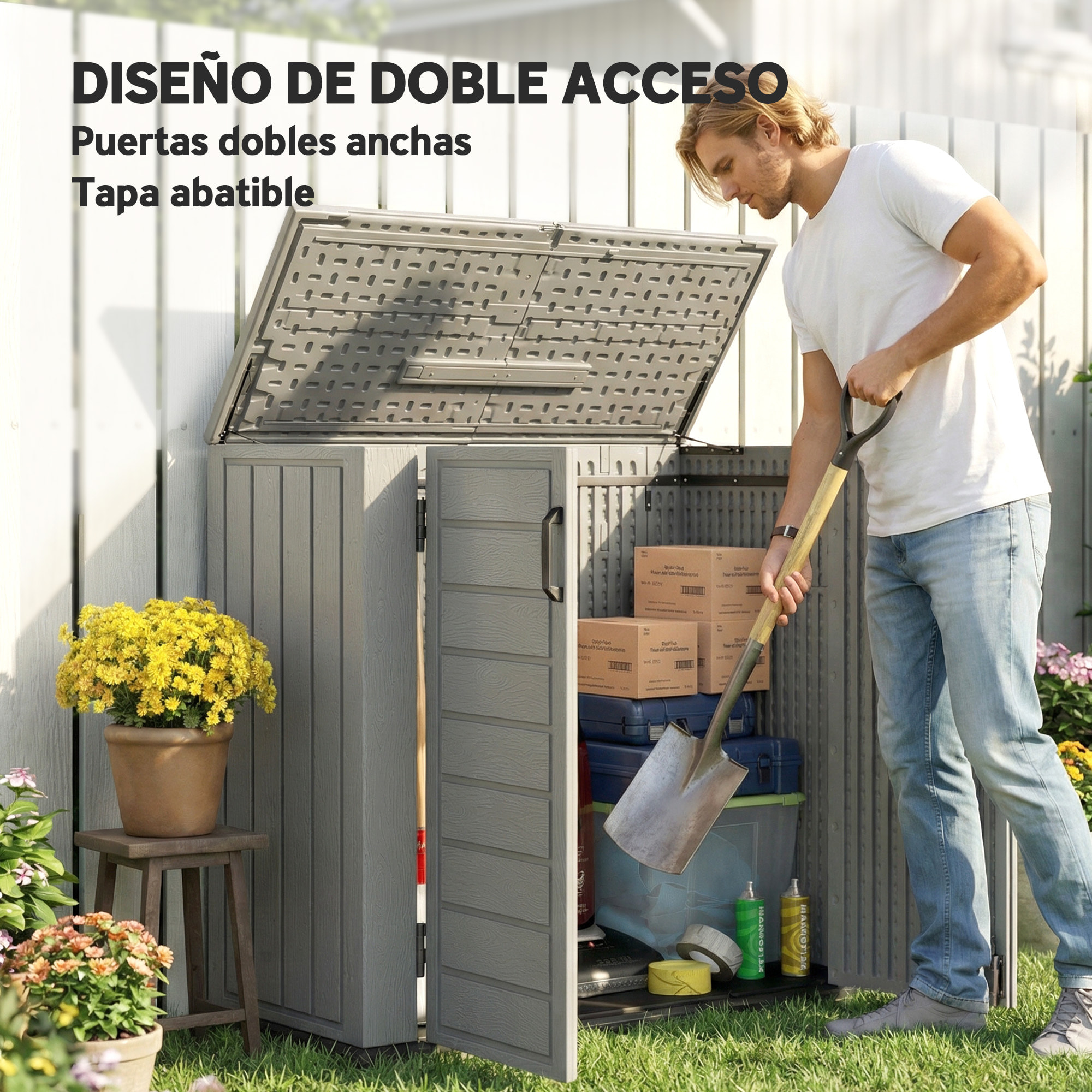Armario de Exterior de HDPE, 940L, Caseta de Jardín Exterior con Tapa Abatible, 2 Puertas, Cerradura, Cobertizo de Jardín para Almacenaje Herramientas, 142x67x119 cm, Gris Claro