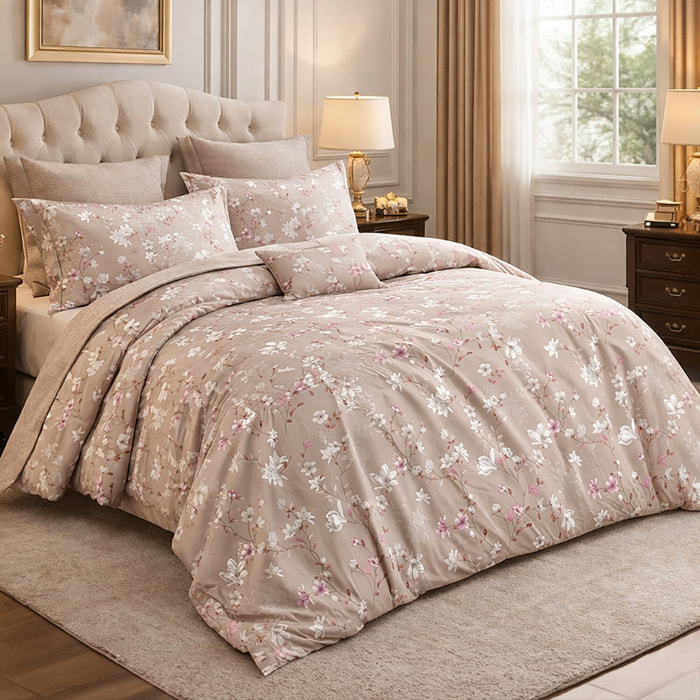 Parure housse de couette 100% percale de coton - motif floral rose