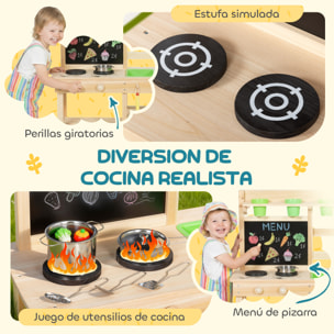 Cocina de Juguete Exterior, Cocinita Infantil de Madera con Macetas, Fregaderos, Grifo, Utensilios de Acero Inoxidable, Pizarra, Estantes, Ganchos, Juguetes para Niños 3-6 Años, Natural
