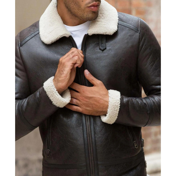 Montone Shearling testa di moro biker uomo collo camicia con fibbia