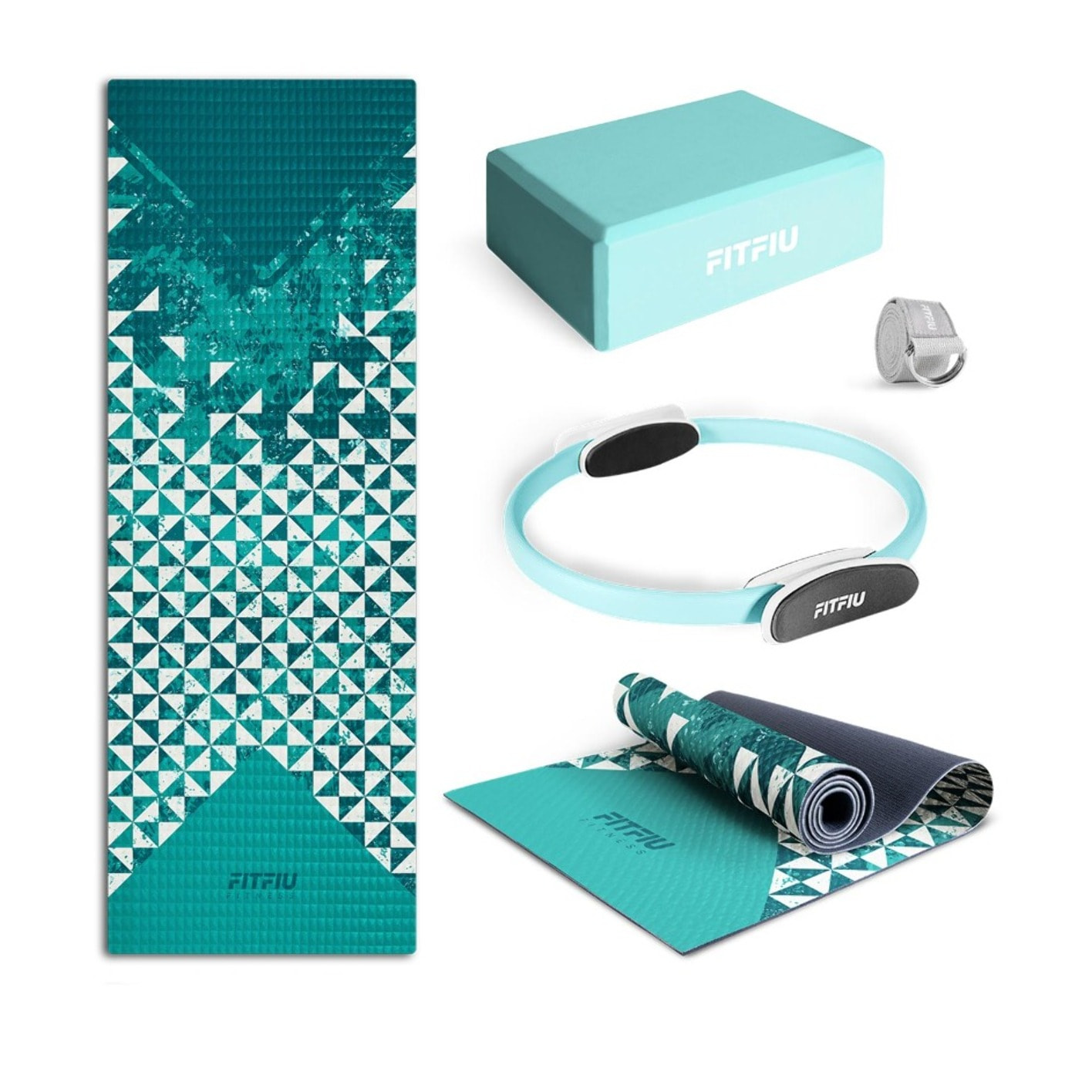 Pack accesorios yoga azul FITFIU con esterilla, bloque, aro, correa