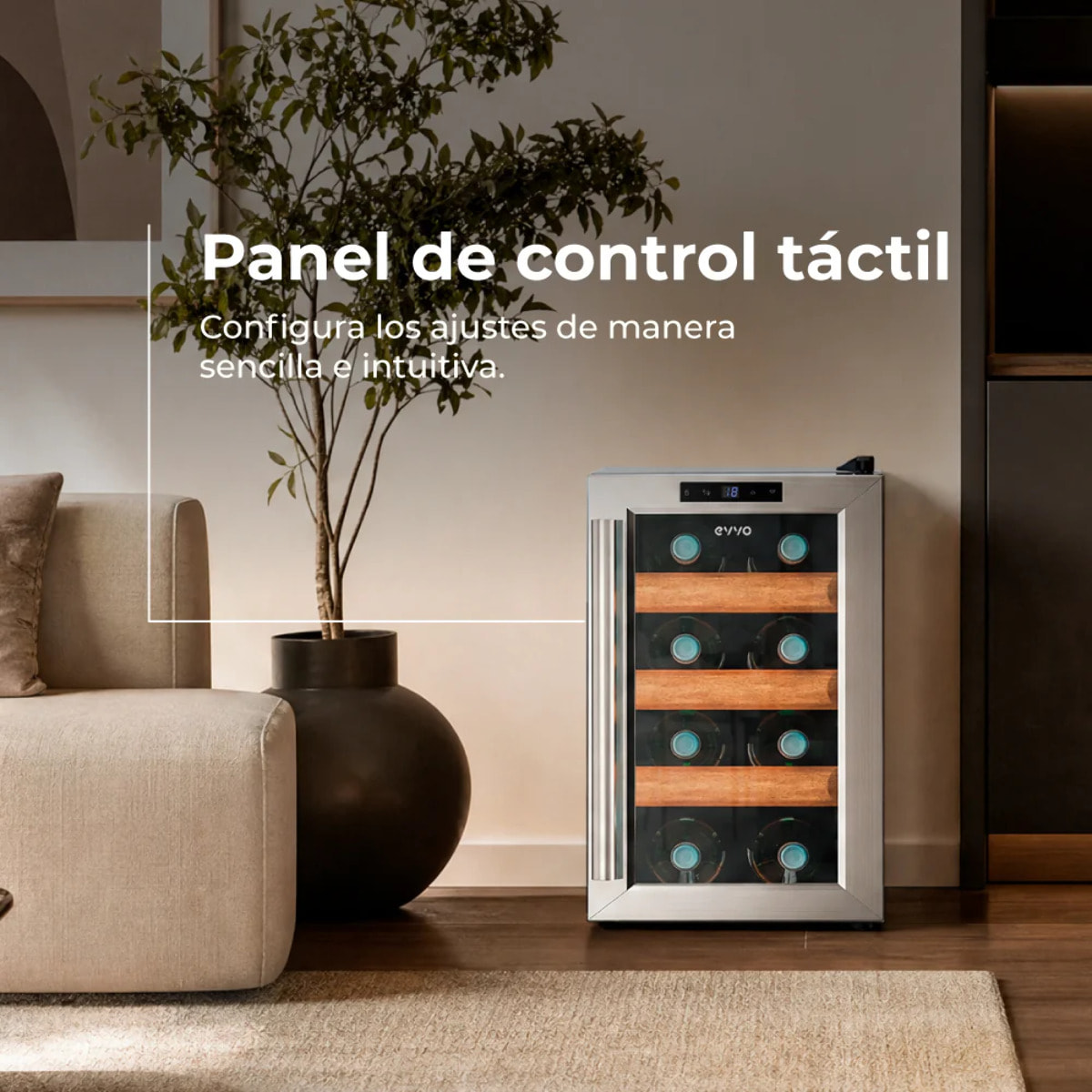 EVVO Vinoteca para 8 botellas VT8 Inox, termoeléctrica, 8–18ºC regulable, ultra silenciosa 35 dB, panel táctil, luz LED interior