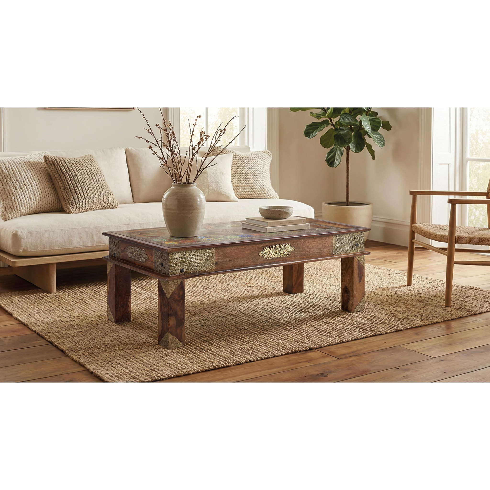 Mesas de Centro de Madera de Palisandro 120 Cm Estilo Artesanal Étnico