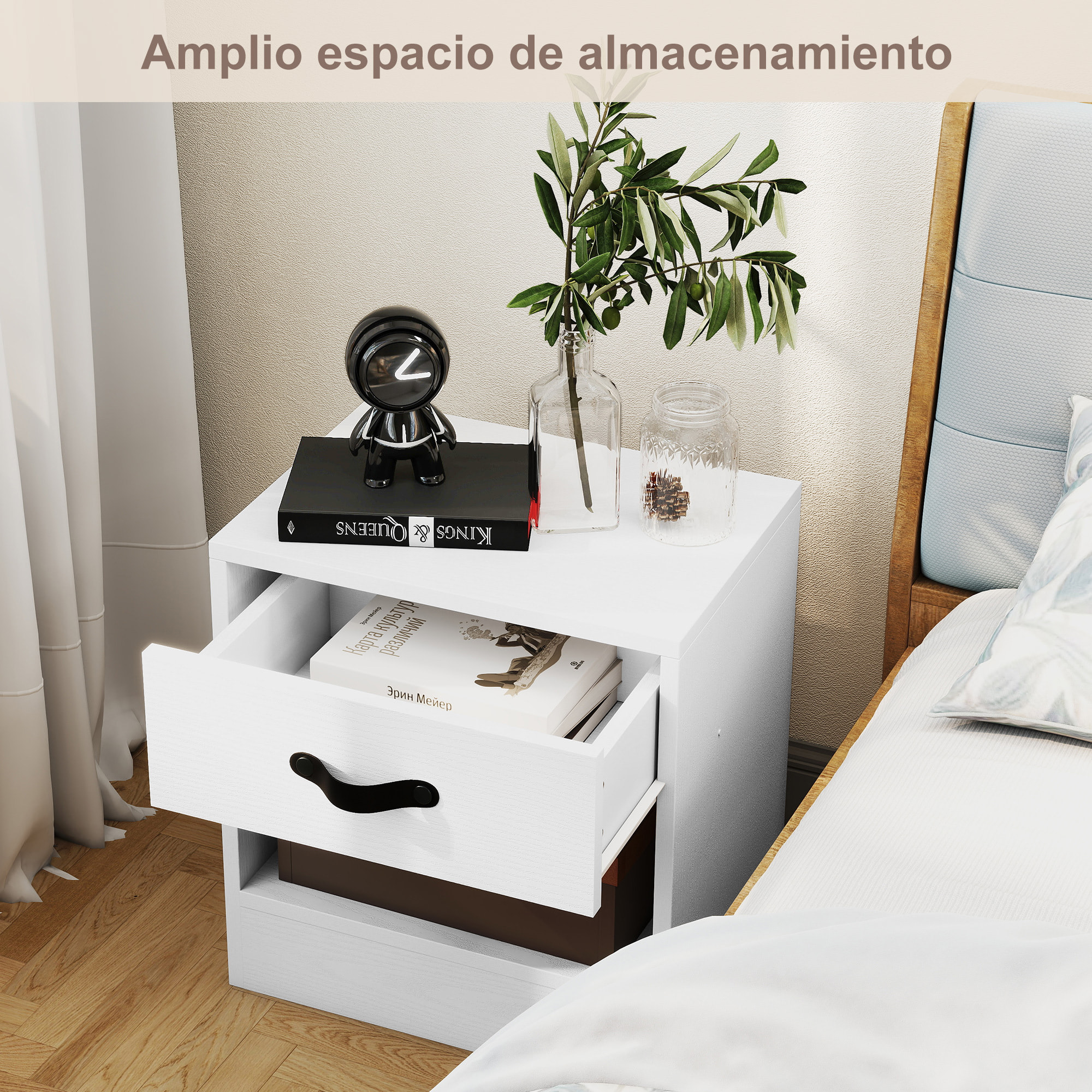 Pack de 2 Mesitas de Noche Mesillas de Noche Dormitorio Estrechas con Cajón y Compartimento Abierto para Salón 39x28x41 cm Blanco