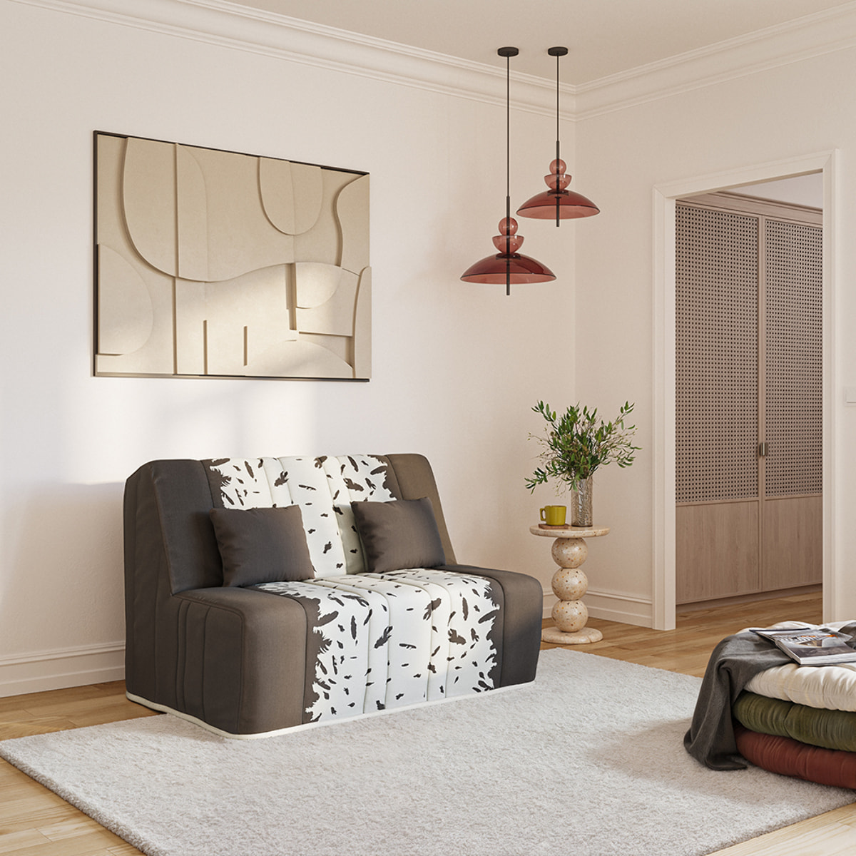 Banquette convertible Gaia, matelas Simmons, 160 x 200 cm, 2 coussins offerts, taupe plumes
