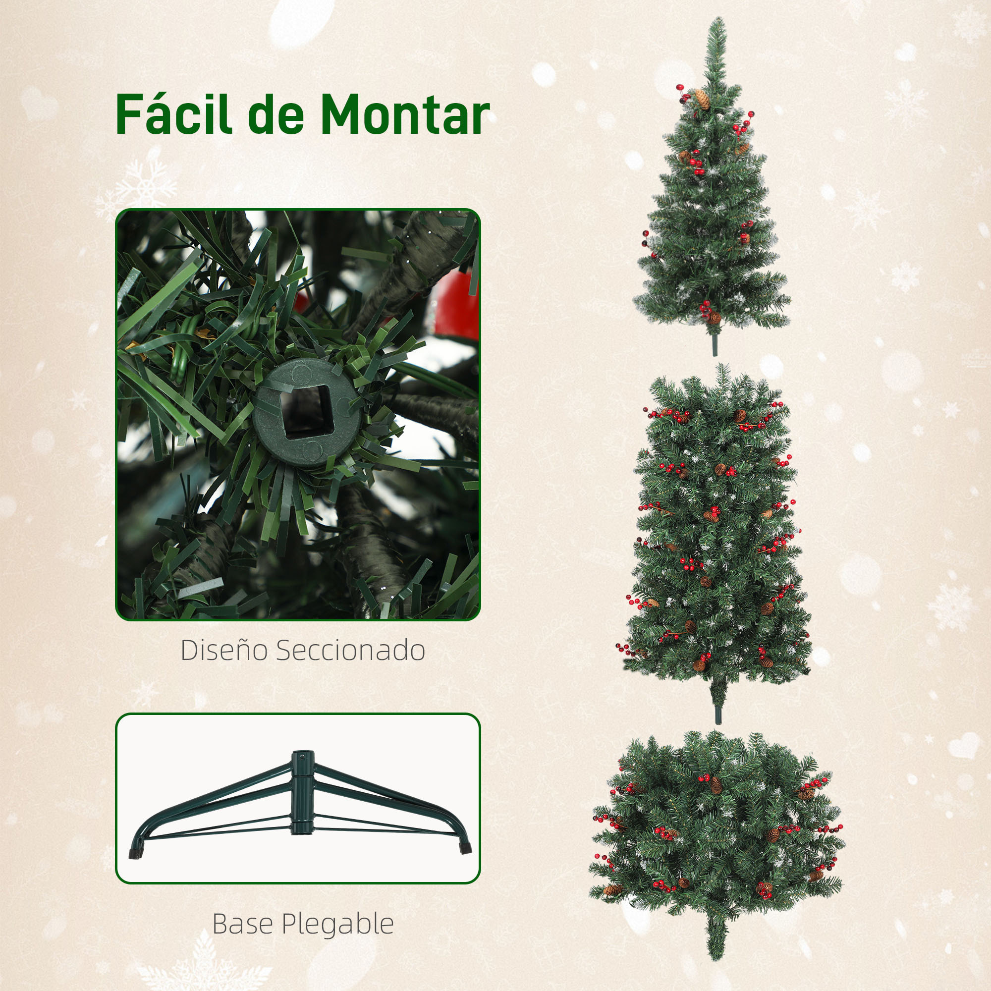 Árbol de Navidad Estrecho 230 cm, Árbol de Navidad Artificial con Luces LED Blanca Cálida, 8 Modos de Iluminación, 761 Ramas con Purpurina Plateada, Piñas, Bayas y Soporte Metálico, Verde