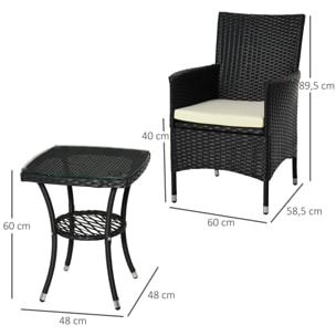 Conjunto de Muebles de Exterior de Ratán 1 Mesa 2 Sillas Estructura Metal Negro