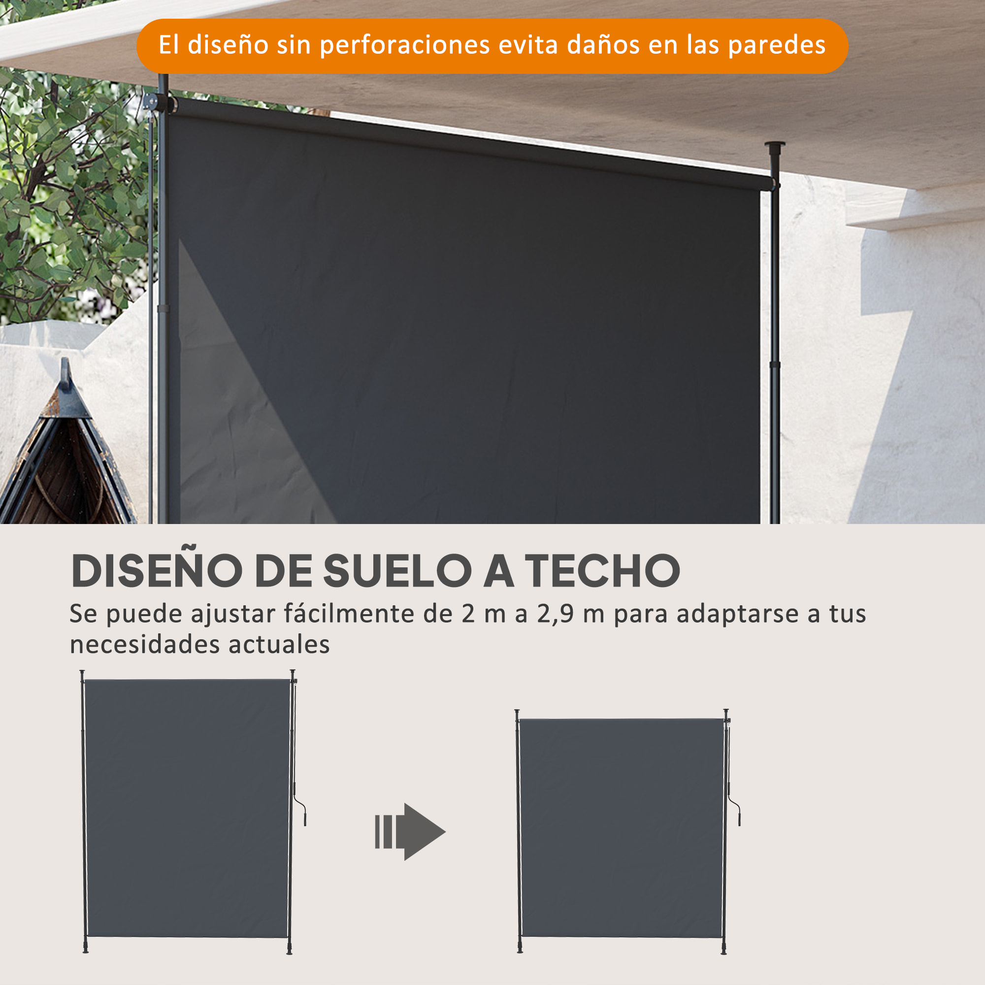 Toldo Vertical Exterior 200x305 cm, Pantalla de Privacidad Enrollable, Toldo Lateral Ajustable con Manivela, Protección UV 40+ e Impermeable, Sin Taladro, para Balcón, Jardín, Gris