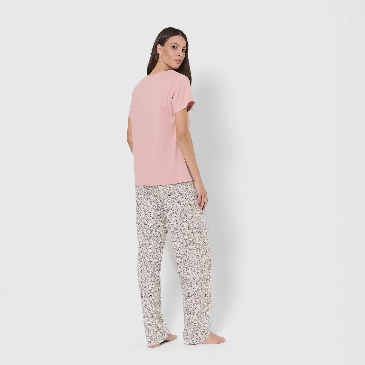 Pigiama lungo in cotone con scollo a v, rosa tedesco