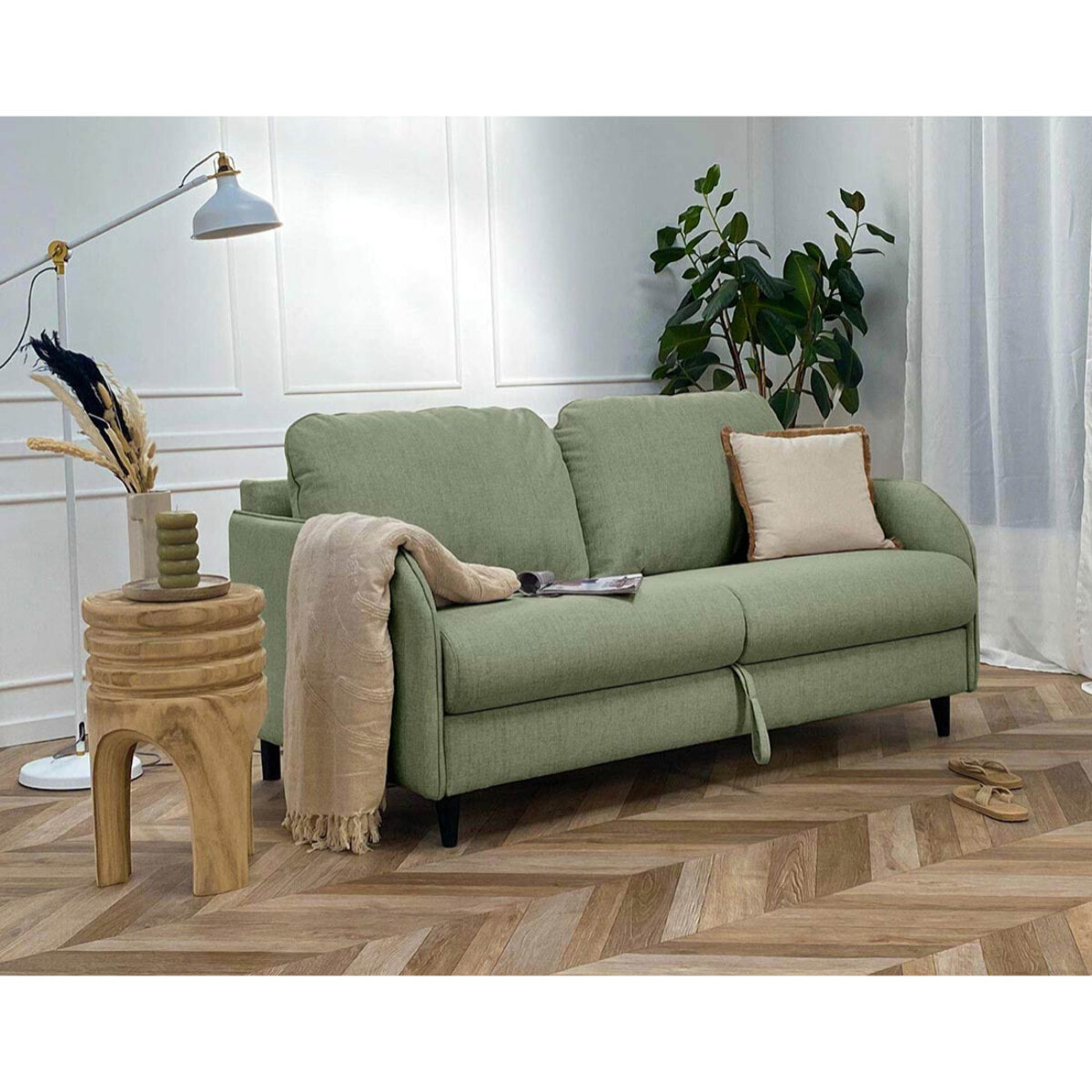 Cosmos - canapé lit 3 places convertible express couchage quotidien 140 cm matelas 11 cm en tissu - Vert sauge