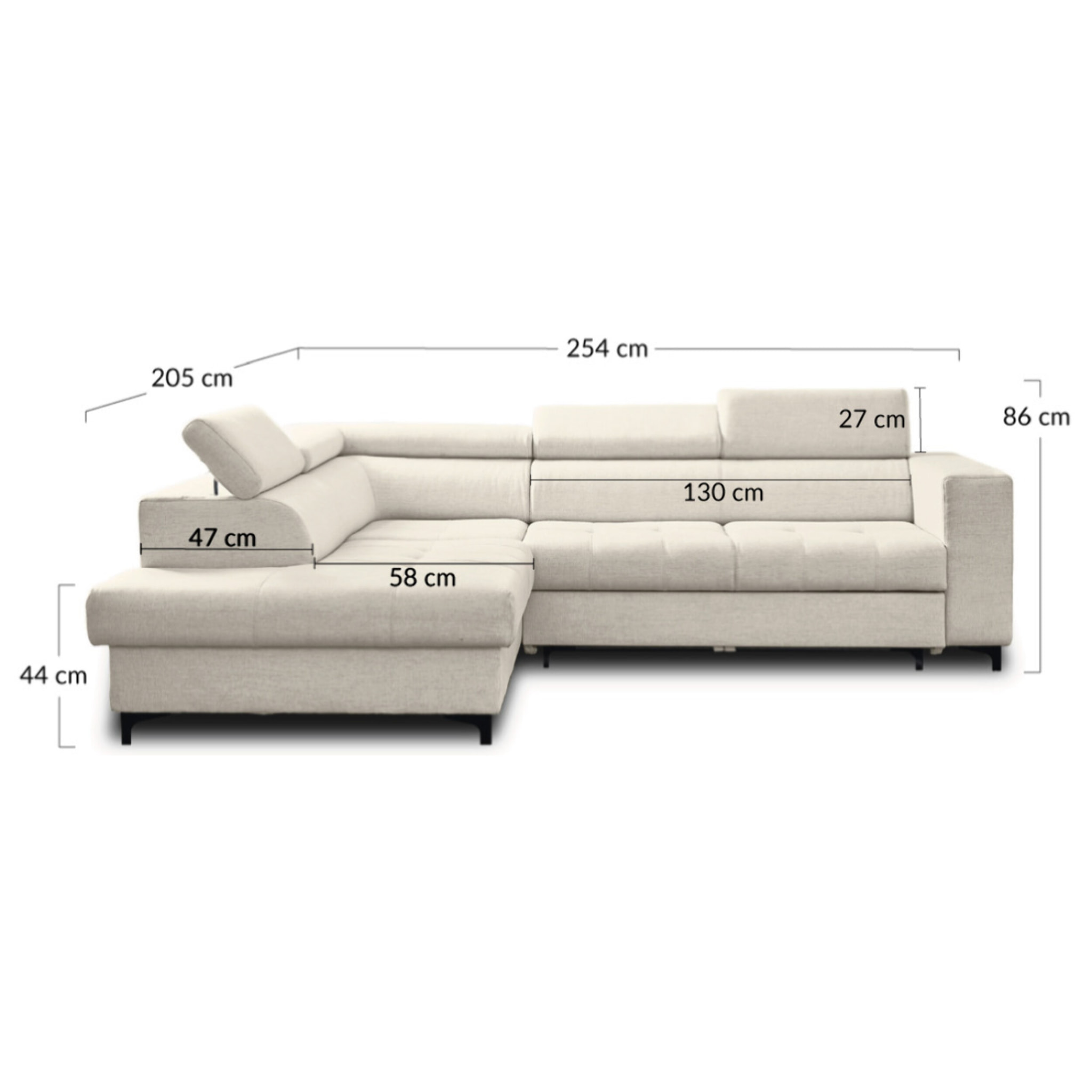 Olinda - canapé d'angle gauche - 5 places - convertible avec coffre et têtières réglables - en tissu - Beige
