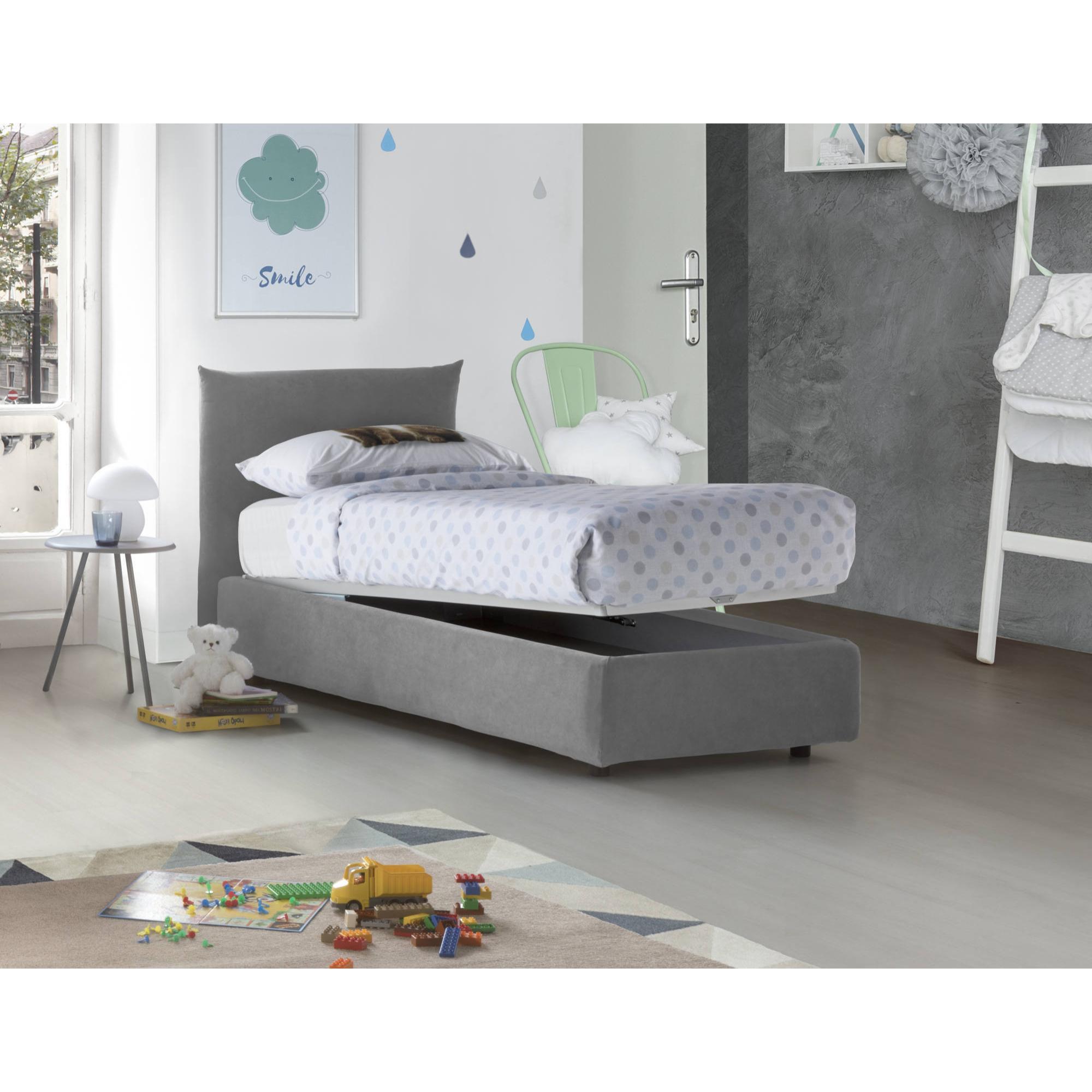 Letto singolo Clarissa, Letto contenitore con rivestimento in tessuto, 100% Made in Italy, Apertura frontale, adatto per materasso Cm 80x190, Grigio